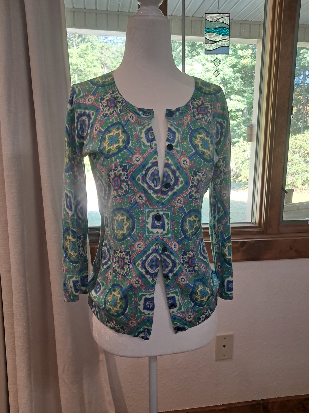 Talbots Green Multi-Pattern 3/4-Sleeve Cardigan In Size P